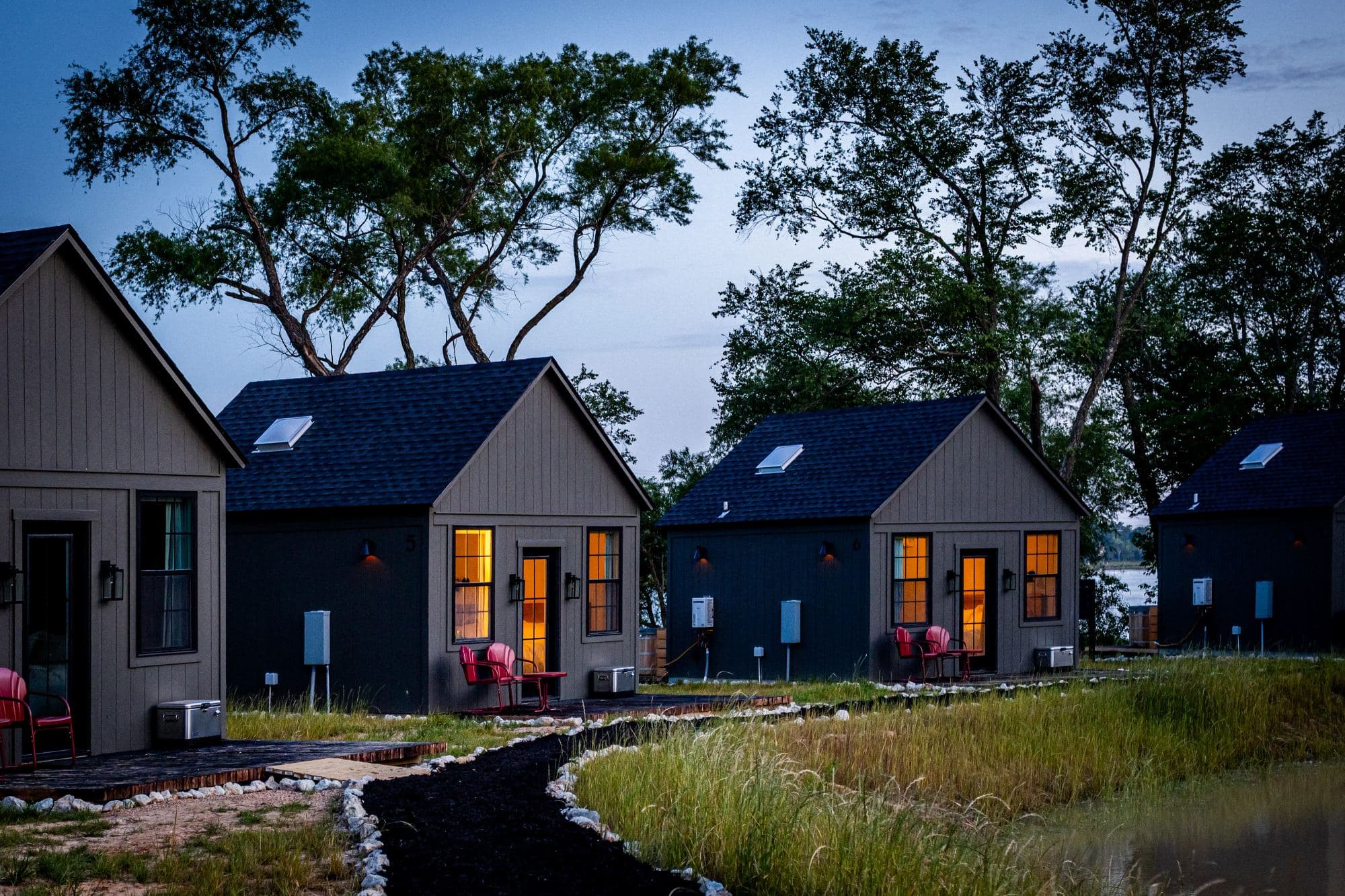 Cabins at dusk on Lake Limestone